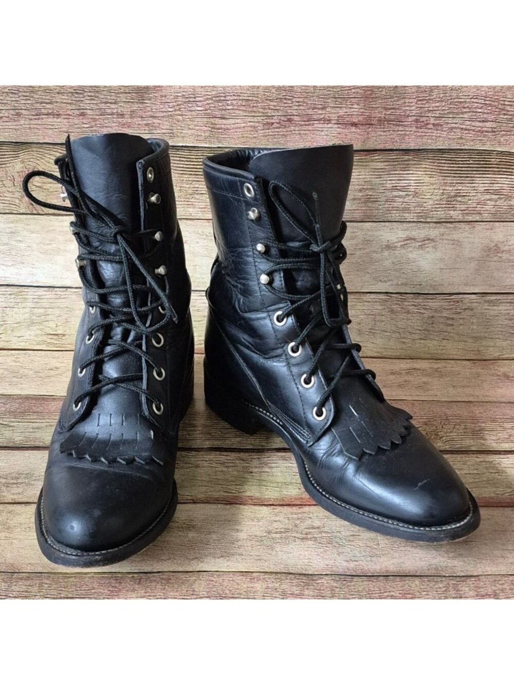 Justin Womens 5.5 B Black Leather Lace Up Roper Boots Western Classic